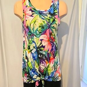 Cupid, Bold tropical floral print tie front tank top.